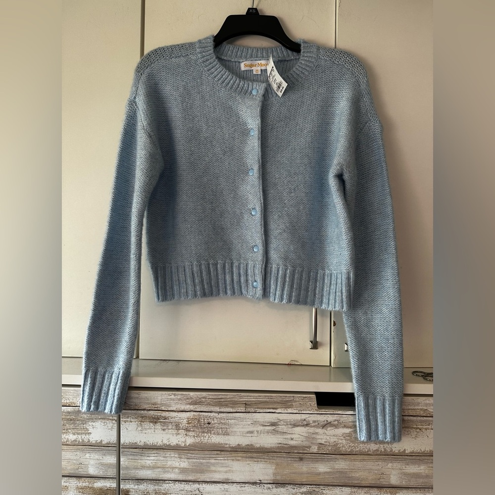 🩵 NWT Sugar Moon Soft Fuzzy Cropped Cardigan Sweater XS
